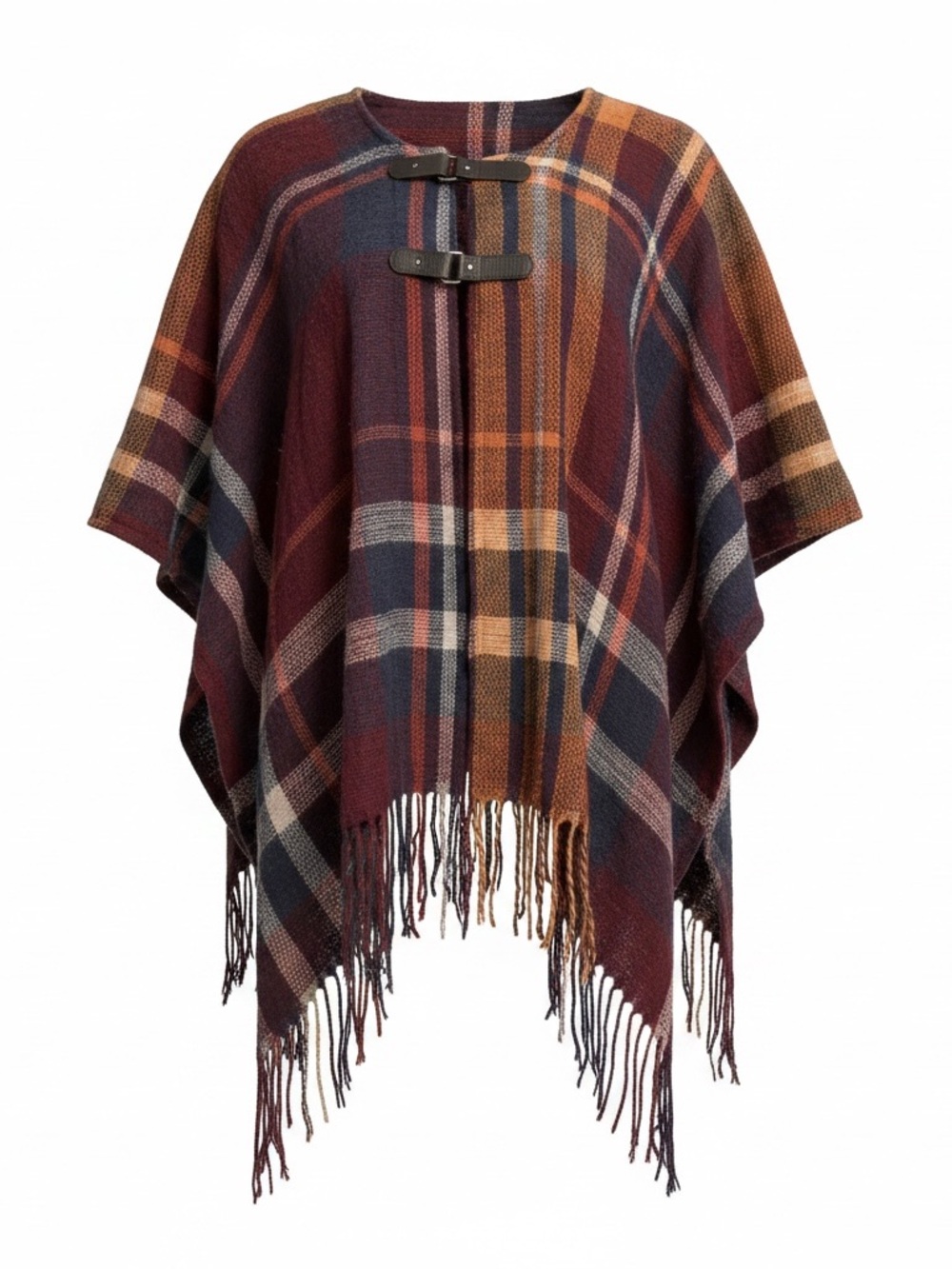 MIXIT Plaid Fringe Poncho Cape Wrap Burgundy Mustard One Size
